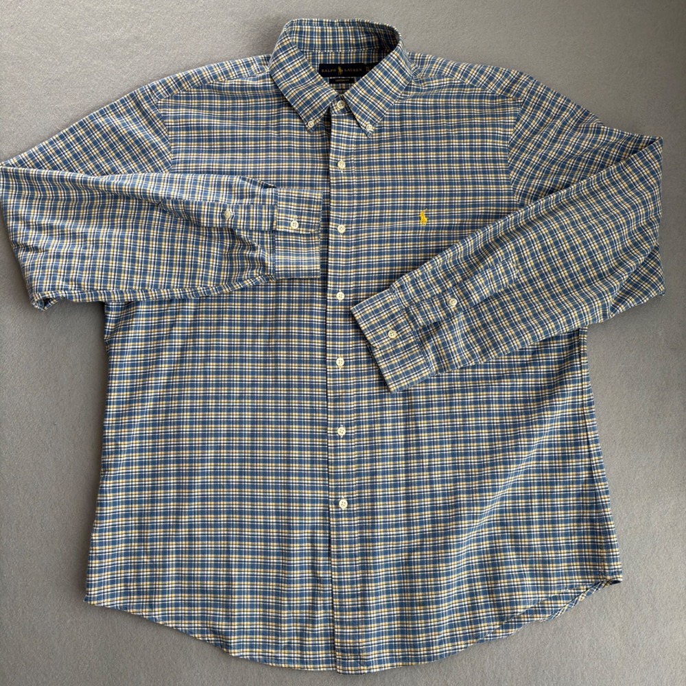 Polo Ralph Lauren Mens XL Custom Fit Plaid Button Down Shirt Blue Yellow Cotton